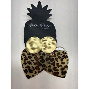 Dixie Bliss Leopard Print Heart Drop Earrings Gold Tone Sensitive Ears New